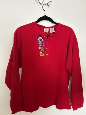 Disney Red Waffle Knit Henley with Mickey & Friends Embroidery